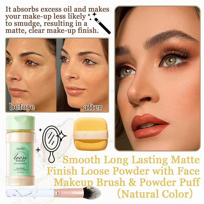 Lightweight Setting Powder,Waterproof Oil Control Translucent Face Powder,Smooth Long Lasting Matte Finish Loose Powder with Face Makeup Brush & Powder Puff（Natural Color）-VivaGrace Women
