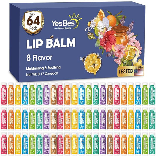 64 Pack Lip Balm, Natural Lip Balm Bulk with Vitamin E and Coconut Oil, Moisturizing Lip Balm for Dry Cracked Lips, Lip Balm for Stocking Stuffers - 8 Flavors-VivaGrace Women