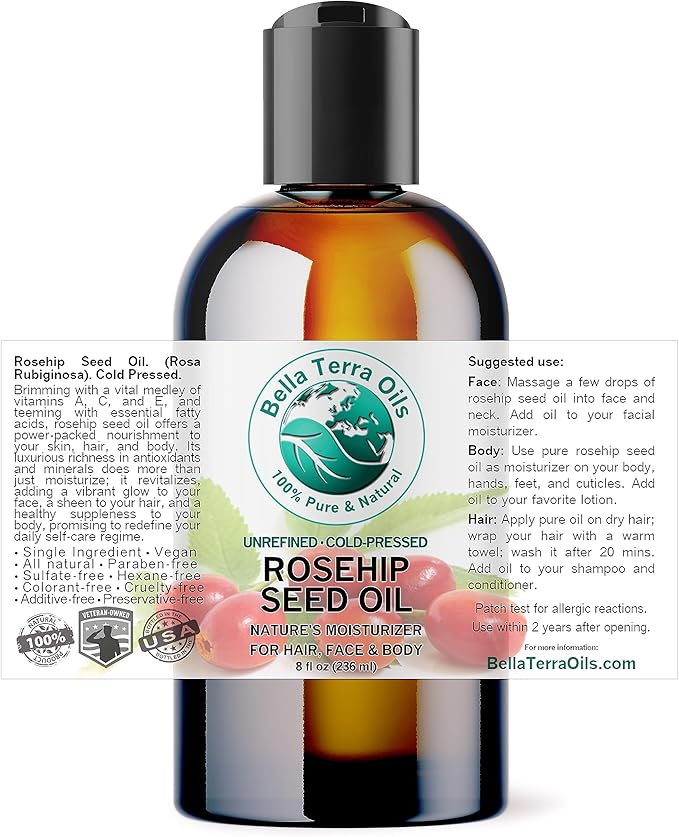 Bella Terra Oils - Organic Rosehip Facial Oil 8 oz - Dive into Organic Rosehip's Essential Fatty Acids & Antioxidants, Infused with Vitamin F, Elevate Daily Face Rituals-VivaGrace Women