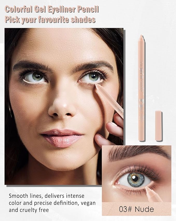Nude Waterline Eyeliner Gel Pencil,Peach Eyeliner Waterline Waterproof Smudge-Proof, Long Stay Eye Liner Brightener Pen with Sharpener, Safe for Sensitive Eyes, Soft Cream Rich Color Eye Makeup Pen-03