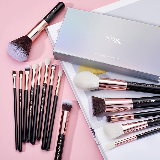 Jessup Makeup Brushes, Labeled Makeup Brush Set Premium Synthetic and Natural Hair Foundation Powder Concealer Eyeshadow Blending 15pcs Brush Kit, Rose Gold/Black T160-VivaGrace Women