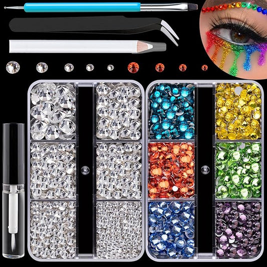 Colorful Face Gems for Makeup Set, Flatback Gorgeous Clear Glass Gem, Mixed-Colored Crystals with Makeup Glue+Picker Pencil+Tweezer+Dual-End Dotting Tool for Eye Body Hair Make-up and Nail Art Deco-VivaGrace Women