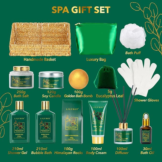 Mothers Day Relaxation Gift Basket - 15-Piece Premium Eucalyptus Bath Gift Set for Women & Men - Spa Kit with Shower Gel Ideal for Birthday, Christmas, Father’s Day, Perfect for Holidays & Self Care-VivaGrace Women