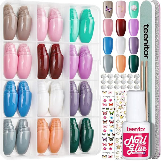 Teenitor Medium Press On Nails, 12 Color Set, 288pcs Glossy Nails with Glue