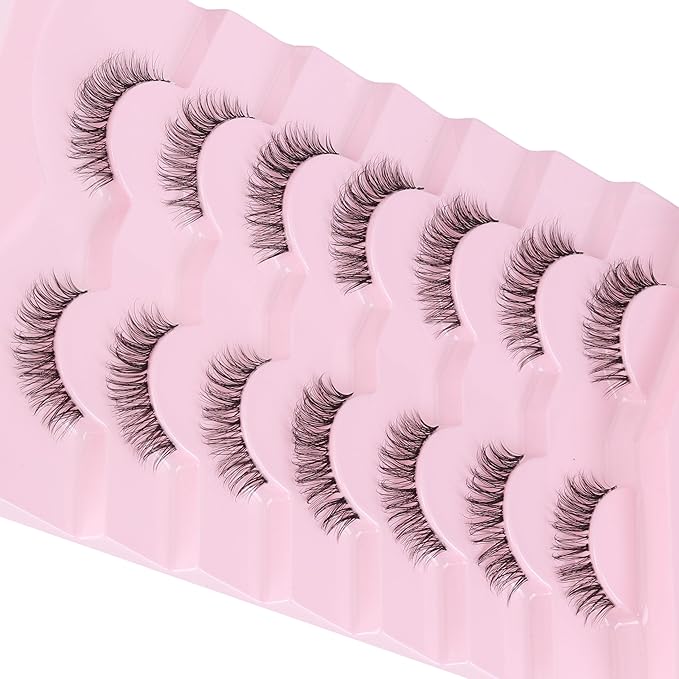 Natural Lashes False 11mm Short Eyelashes Wispy C Curl Eye Lashes Pack with Thin Cotton Band Fake Eyelash 3D Volume For Daily Siligli Lash 7 Pair-VivaGrace Women