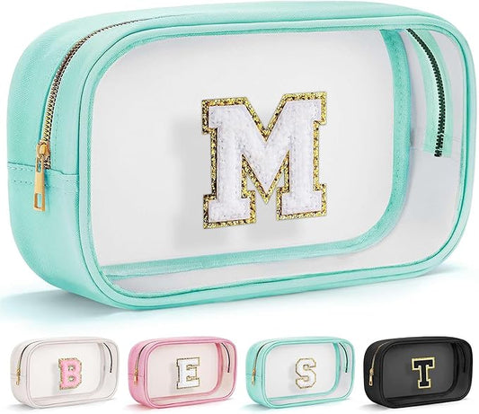 YOOLIFE Initial Make Up Bag Travel Toiletry Bag, Clear Makeup Bags Preppy Cosmetic Bags Organizer Travel Essentials Gifts for Women Teen Girlfriend Teacher Mom Birthday Girl Gift Makeup Case Blue M-VivaGrace Women