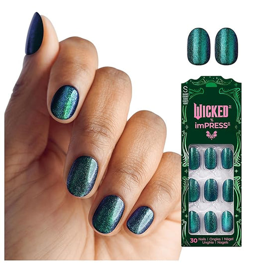 WICKED X imPRESS Design Press On Nails , The EASIEST NO GLUE Mani, Super Hold Adhesive, ‘The Green Elixir’, Green, Short Oval, Includes 30 Fake Nails, 1 Prep Pad, 1 Manicure Stick, 1 Mini File