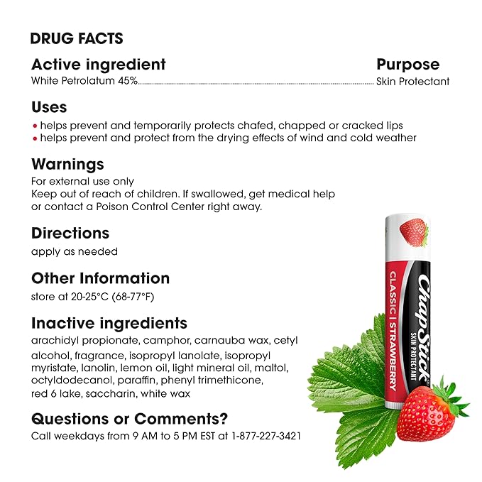 ChapStick Classic Strawberry Lip Balm Tube, Lip Care and Lip Moisturizer - 0.15 Oz-VivaGrace Women