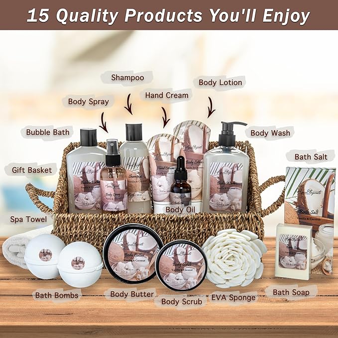 Bath Spa Gift Sets - Luxury Basket With Coconut & Vanilla - Spa Kit Includes Wash, Bubble Bath, Lotion, Bath Salts, Body Scrub, Shower Puff, Bathbombs, Soap in Wooden Basket-VivaGrace Women