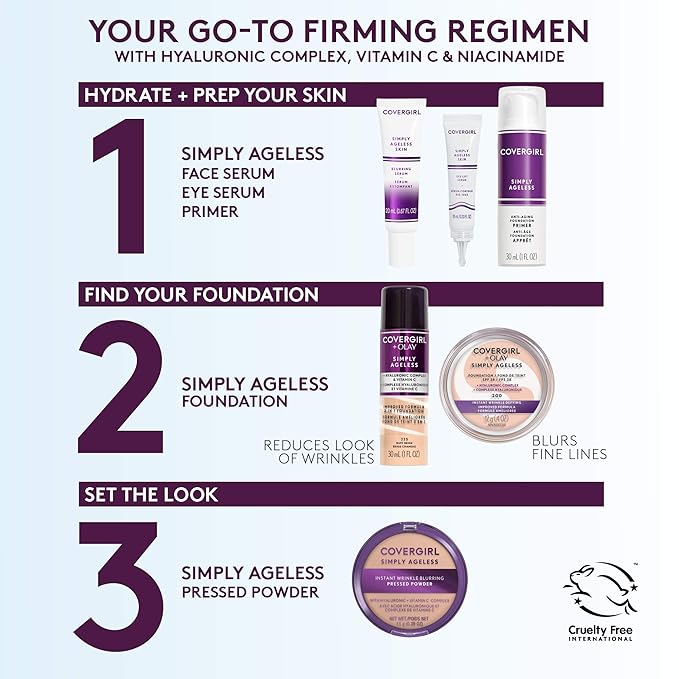 Covergirl + Olay Simply Ageless 3-in-1 Liquid Foundation, Creamy Natural & Simply Ageless Instant Wrinkle Blurring Pressed Powder, Buff Beige, 0.39 Oz.-VivaGrace Women