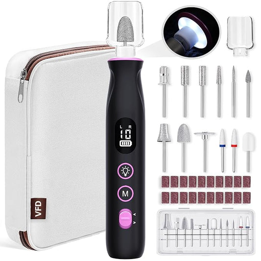 Electric Nail Drill, Cordless 2000 mAh Rechargeable Portable Nail File 12 in 1 Kit for Thick Toenails, 10 Speeds Nail Dril Machine Professional Manicure Pedicure for Hand Natural Nails Care (Black)-VivaGrace Women