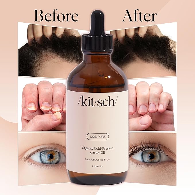 Kitsch Organic Castor Oil for Hair Growth - 100% Pure Castor Oil, Organic Cold Pressed Unrefined Glass Bottle for Face, Skin, Lashes, Brows, Scalp, Nails & Belly Button - Hexane Free, USDA - 4 oz-VivaGrace Women