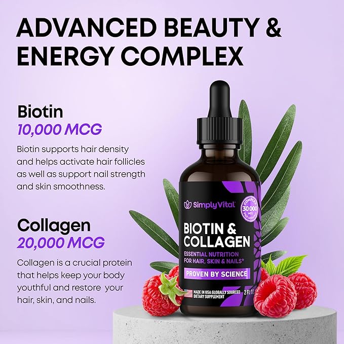 SimplyVital Liquid Biotin & Collagen - Hair, Skin & Nails Vitamins with Biotin 10000mcg & Collagen Peptides - Made in USA - Liquid Collagen for Healthy Skin & Hair Growth Support - 2 fl oz-VivaGrace Women