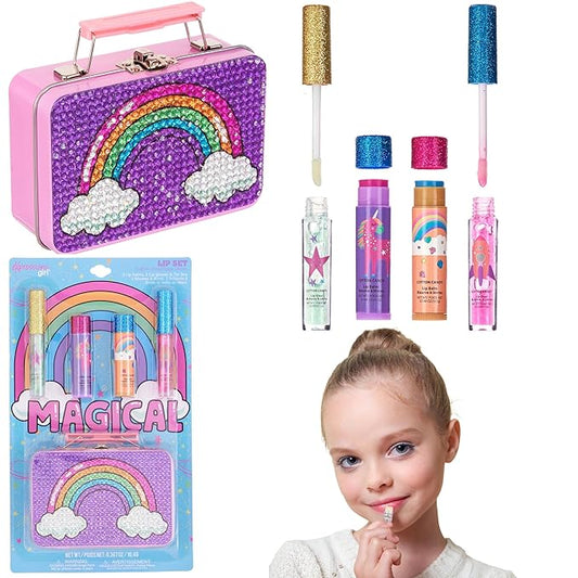 Expressions 5pc Rainbow Rhinestones Cosmetics Lip Kit For Kids w/Lip Glosses, Lip Balms & Tin Box Storage Case Magical Lip Set,Washable + Non Toxic-VivaGrace Women