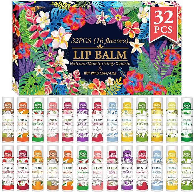 32 Pack Lip Balm, Natural Lip Balm Bulk with Vitamin E and Coconut Oil, Hydrating Lip Balm for Dry Lips, Bulk Lip Balm for Stocking Stuffers - 16 Flavors-VivaGrace Women