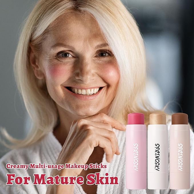 3Pcs Multi-Use Face Makeup Sticks Sets, Blendable Cream Blush Stick For Cheeks Lips, Highlighter Contour Shading Sticks Moisturizer Make Up Sets For Women (01)-VivaGrace Women