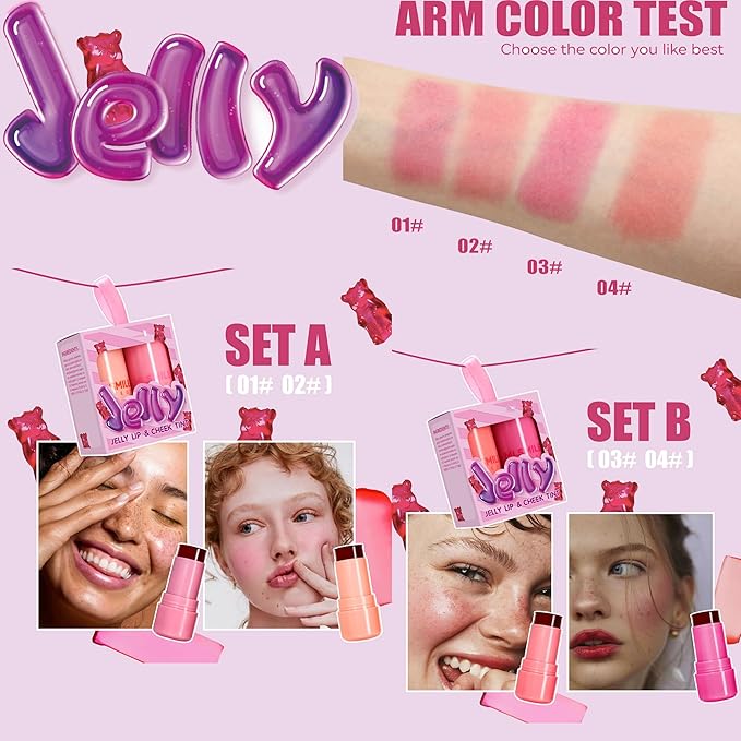 2 Pcs Milk Jelly Blush, Milk Cooling Water Jelly Tint, Vivid Color Water Jelly Tint Milk Blush, Sheer Eye Lip & Cheek Stick Stain, Long Wearing, Watercolor Finish Lip Gloss for Women, 01&02-VivaGrace Women