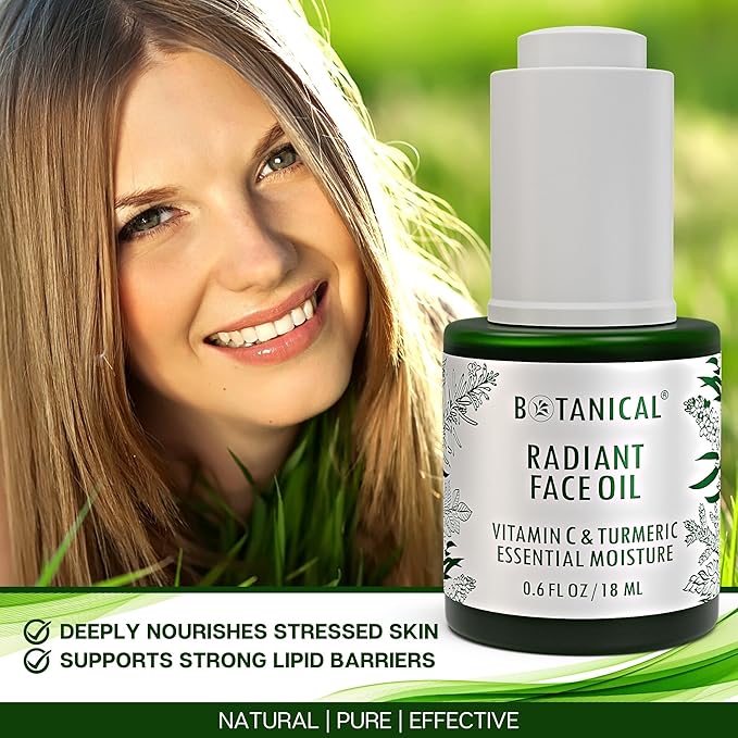 Botanical Radiant Face Oil | Skin Brightening Turmeric & Vitamin C Serum w/Gua Sha Lift Scraper | Organic, Pure, Natural Skincare (0.6 fl oz | 18 ml)-VivaGrace Women