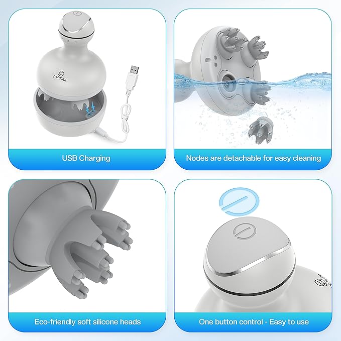 COMFIER Electric Scalp Head Massager with 4 Soft Silicone Massage Heads, Portable Hair Massager for Hair Growth, Relieve Stress, Head Scratcher for Deep Relaxation, Dog Cat Massager, Gray-VivaGrace Women