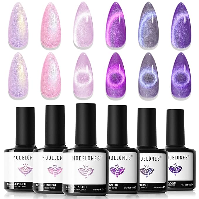 modelones Cat Eye Gel Nail Polish, 6 Colors Purple Pink Glitter Gel Polish Set with Magnet Sparkle Galaxy Series Nail Polish Kit Soak Off Led Nail Art Manicure Salon DIY Gifts-VivaGrace Women