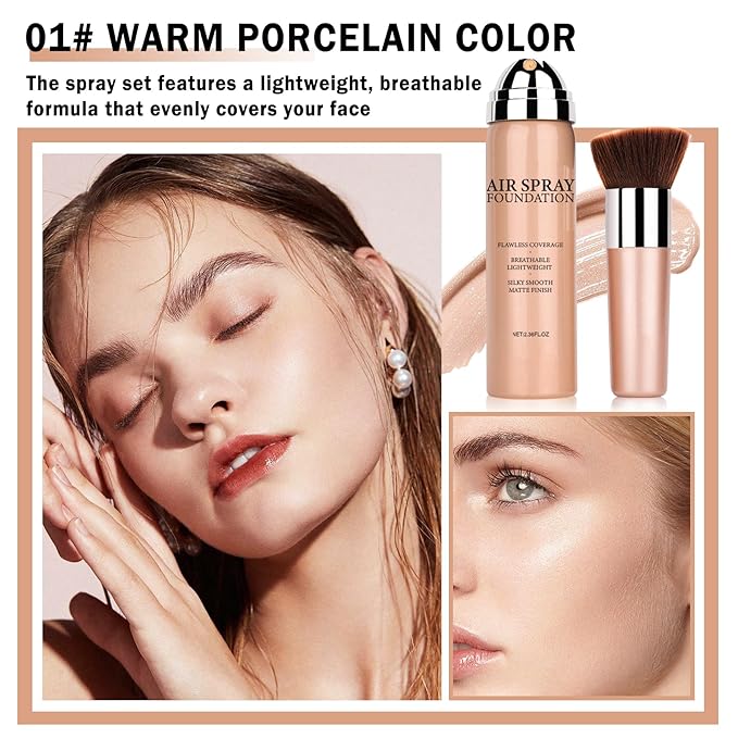 Airbrush Foundation Makeup Spray Silky Lightweight Full Coverage Foundation Face Air Cushion Foundation Set with Soft Makeup Brush - Natural Color-VivaGrace Women
