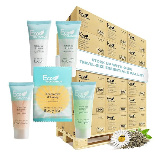 Eco Botanics Hotel Soaps & Toiletries Bulk Set | 0.85oz Hotel Shampoo & Conditioner, Body Wash, Body Lotion & Bar Soap Travel Size | Half Pallet, 36 cases with 300 units each - 10,800 pieces-VivaGrace Women