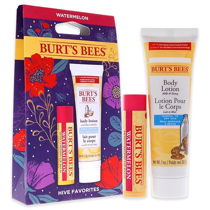 Burts Bees Hive Favorites Kit - Watermelon Unisex -0.15oz Watermelo Lip Balm, 1oz Body Lotion with Milk and Honey 2 Pc,White-VivaGrace Women