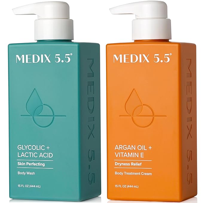 MEDIX 5.5 Glycolic Acid Exfoliating Face & Body Scrub Cleanser + Argan Oil Moisturizing Body Cream Lotion 2PC Skin Care Set | Alpha Hydroxy Acid & Lactic Acid Foaming Body Wash & Face Wash, 2PC Set-VivaGrace Women