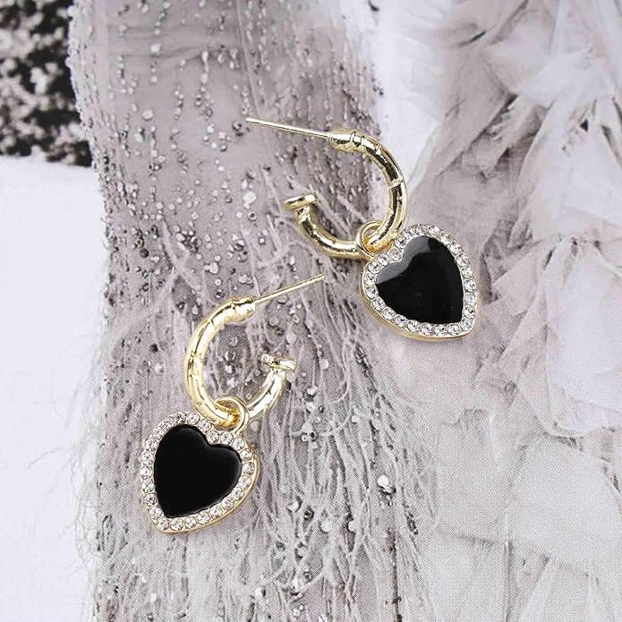 Vintage Crystal Heart Drop Earrings Black Heart Onyx Earrings Black Heart Hoop Huggie Earrings Gold Cz Love Heart Earrings Jewelry for Women-VivaGrace Women