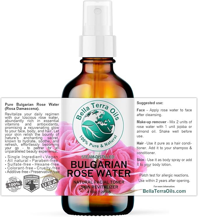 Bella Terra Oils - Organic Rose Water Mist 4 oz - Capture The Bulgarian Rose Essence, Perfect as a Gentle Rosewater Face Mist, Free from Synthetics-VivaGrace Women