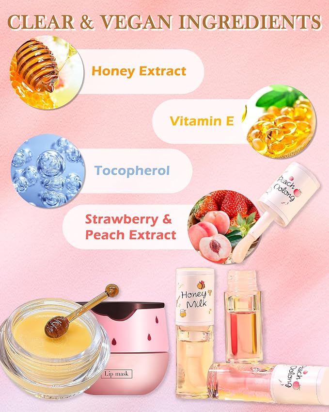 2PCS Strawberry Lip Balm Honey Pot Lip Mask & Hydrating Lip Glowy Oil Lip Care Set, Lip Moisturizing Treatment Nourishing Lip Gloss, Reduce Lip Line & Plump Dry Cracked Lip Scrub Exfoliator -Set B-VivaGrace Women