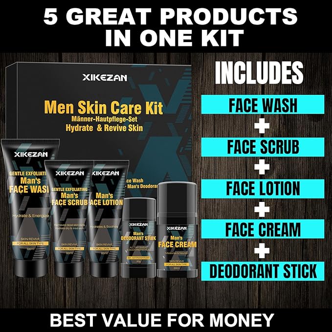 Mens Gifts for Men,Mens Skin Care Kit,Nourishe & Hydrate Skin w/Face Wash,Scrub,Lotion,Cream,Deodorant,Mens Stocking Stuffers for Men,Unique Christmas Gifts for Men Him Dad Husband Boyfriend Teen Boy-VivaGrace Women