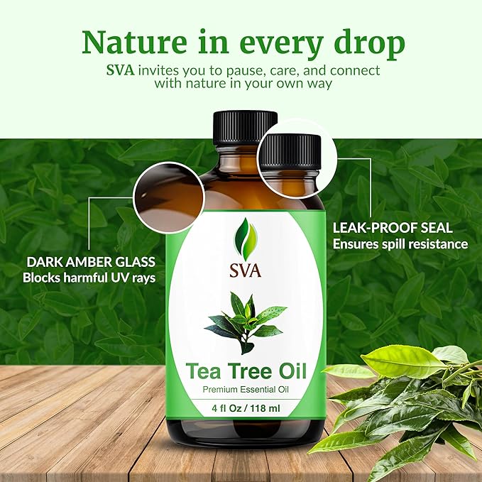 SVA Tea Tree Essential Oil – 4 Fl Oz – 100% Natural Tea Tree Oil - for Diffuser, Hair Care, Face, Skin Care, Aromatherapy, Scalp and Body Massage, Soap and Candle Making – with Dropper-VivaGrace Women