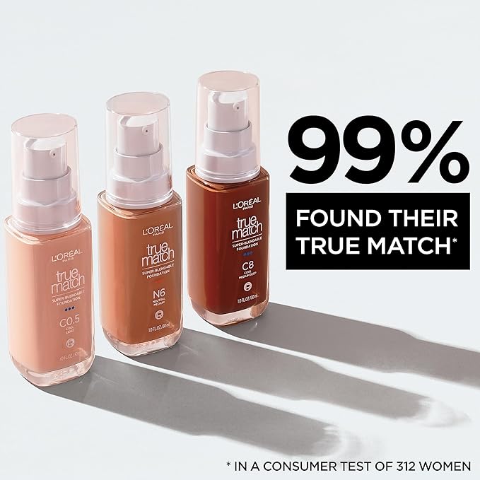 L'Oreal Paris True Match Super-Blendable Foundation, Medium Coverage Liquid Foundation Makeup, W1, Light, 1 Fl Oz-VivaGrace Women