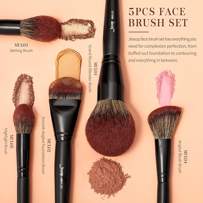 Jessup Large Face Makeup Brushes 5pcs, Premium Synthetic Foundation Powder Contour Blusher Highlighter Brush, Phantom Black T273-VivaGrace Women