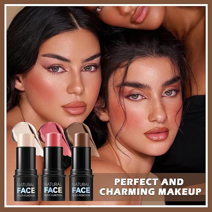 Highlighter Stick Cream Blush Stick Bronzer Contour Stick Makeup,3 PCS Cream Contour Kit with Contour Brush,Long Lasting & Professional Highlighters Makeup Stick for Beginner-Set B-VivaGrace Women