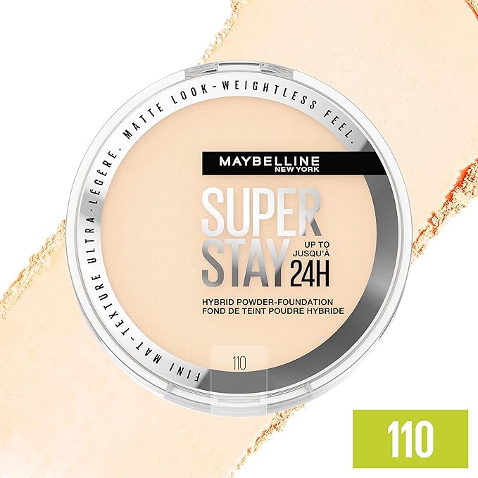 Maybelline Super Stay Up to 24HR Hybrid Powder-Foundation, Medium-to-Full Coverage Makeup, Matte Finish, 110, 1 Count-VivaGrace Women