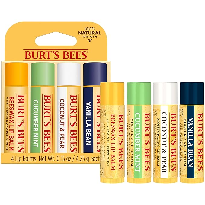 Burt's Bees Lip Balm - Beeswax, Cucumber Mint, Coconut & Pear, and Vanilla Bean Pack, With Responsibly Sourced Beeswax, Tint-Free, Natural Origin Lip Treatment, 4 Tubes, 0.15 oz.-VivaGrace Women