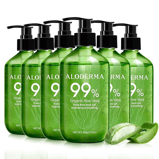 Aloderma 99% Organic Pure Aloe Vera Gel Made within 12 Hours of Harvest, 17.6oz Value Pump, Lightweight Non-Sticky Aloe Vera Gel for Sunburn Relief, Natural, Soothing Aloe Vera for Face & Hair, 6-Pack-VivaGrace Women