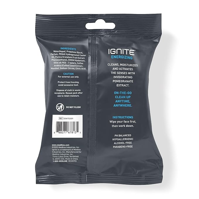 Medline Ignite Mens Body Wet Wipes, Extra Thick 8" x 8" Shower Wipes, Energizing Scent, 10 count
