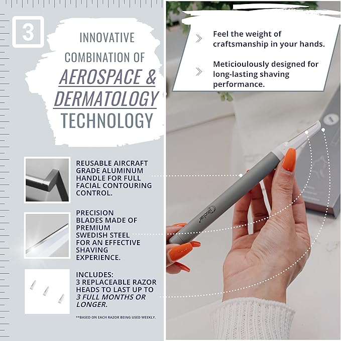 Premium Dermaplaning Tool - Multipurpose Face Razor for Women - Exfoliating Dermaplaner for Smooth Skin, Gentle Eyebrow and Facial Hair Remover - Pack of 3 Blades and Sturdy Metal Handle-VivaGrace Women