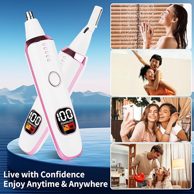 2025 Rechargeable Nose and Ear Hair Trimmer with LED Dispaly for Women Men,4 in 1 Painless Eyebrow & Facial Hair Trimmer with Powerful Motor,Ladies Wet & Dry Electric Razor (White)-VivaGrace Women