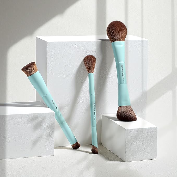 EIGSHOW Makeup Brush Set, 3Pcs Dual Ended Face Makeup Brushes for Foundation Powder Contour Highlight Concealer Nose Shadow, Travel Gift Set (Cyan)-VivaGrace Women