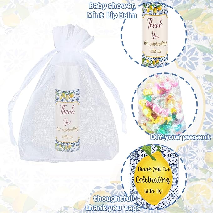 Demissle 50 Pcs Baby Shower Lip Balm Gift Set with 100 Pcs Organza Bags Baby Shower Party Favor for Guest Thank You Tag Rope Baby Shower Party Decoration Gender Reveal Souvenirs (Lemon)-VivaGrace Women