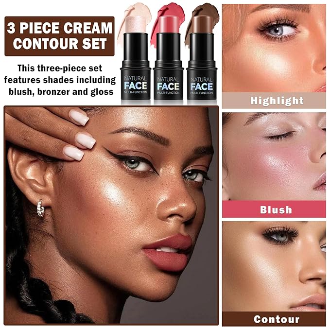 3PCS Cream Contour Stick Makeup Kit Face Highlighter Bronzer Blush Stick Long Lasting Illuminator Highlighters Makeup Stick for All Skin Tones(02 Champagne Gold+05 Rugosa Rose+06 Espresso)-VivaGrace Women