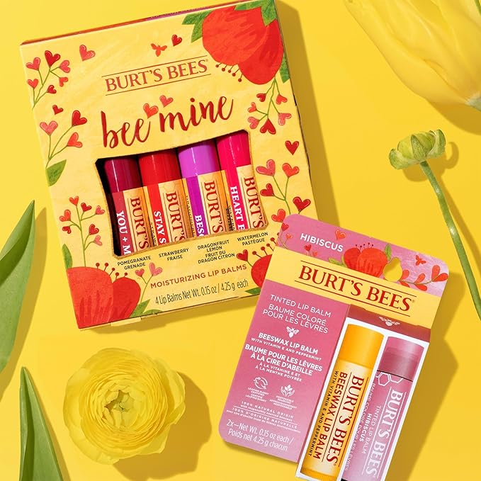 Burt's Bees Bee Mine Lip Balm Gift Set, Strawberry, Dragonfruit Lemon, Pomegranate and Watermelon, 4 Personalized Lip Balms, Pack May Vary-VivaGrace Women