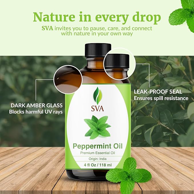 SVA Peppermint Essential Oil – 4 Fl Oz – 100% Natural Peppermint Oil - for Diffuser, Hair Care, Face, Skin Care, Aromatherapy, Scalp and Body Massage, Soap and Candle Making - with Dropper-VivaGrace Women