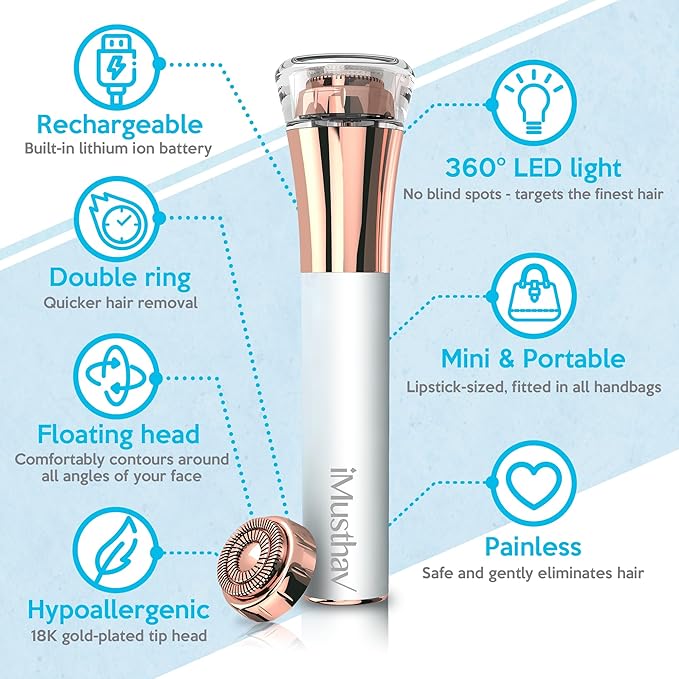 Facial Hair Remover for Women Painless Flawless Electric Razor Epilator Trimmer Shaver with 18K Gold-Plated, 16mm Dual Ring Floating Head, USB Rechargeable, 360° LED for Face Lip Hair Removal-VivaGrace Women