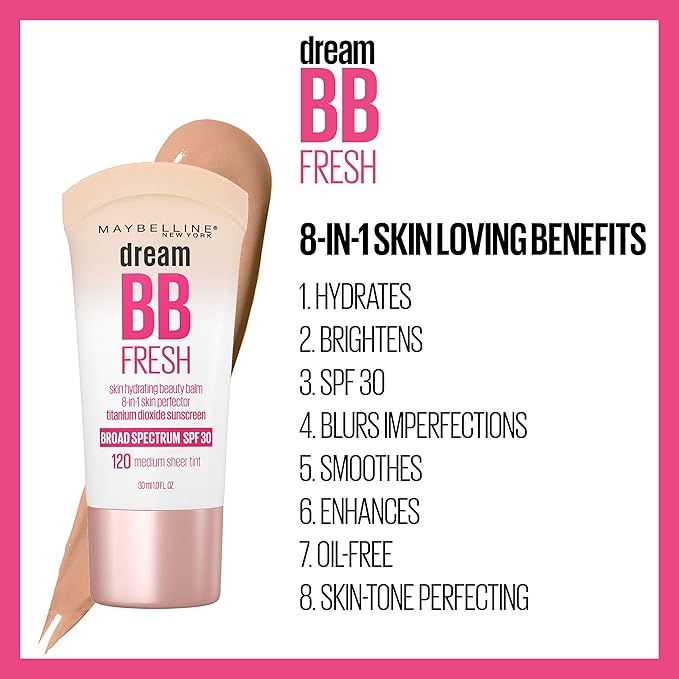 Maybelline Dream Fresh Skin Hydrating BB cream, 8-in-1 Skin Perfecting Beauty Balm with Broad Spectrum SPF 30, Sheer Tint Coverage, Oil-Free, Light, 1 Fl Oz-VivaGrace Women