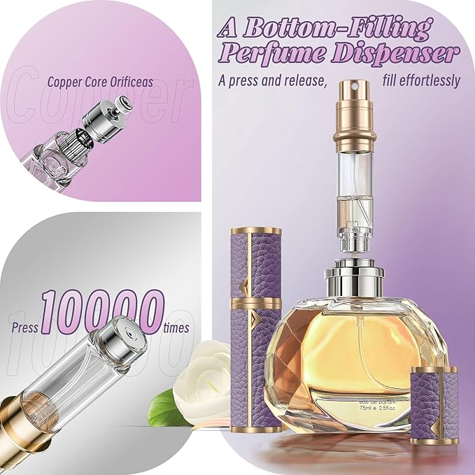 Perfume Travel Refillable Bottle,Genuine Leather Bottom-Filling Fragrances Perfume Atomizer,Mini Cologne Dispenser,Portable Sprayer Pocket Size for Cruise Car Trip Purse Gift 5ml (Purple)-VivaGrace Women